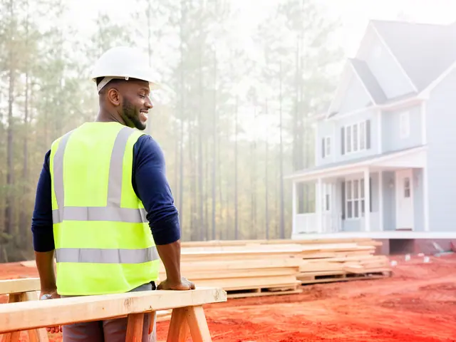 A builder in a hard hat and safety vest on a home construction site.