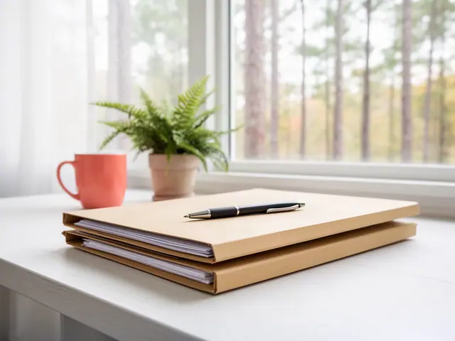 A neat stack of closed manila folders and a pen on a desk by a window.