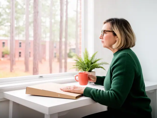 A woman with a dark-blonde bob and tortoiseshell glasses at a desk with a folder and a mug in a small back office.