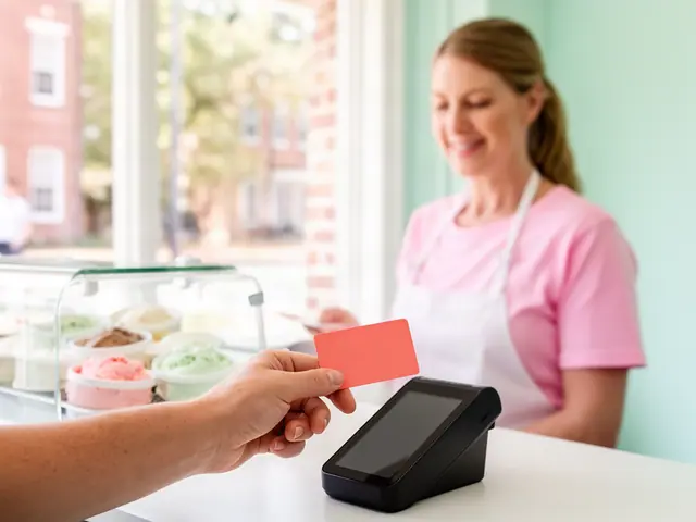 A customer taps a card on a counter terminal at a small ice-cream shop.