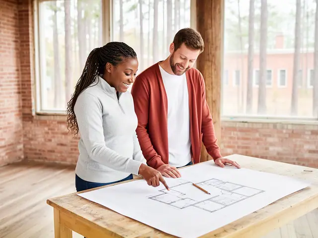 Two business partners looking over a pencil floor sketch in an empty storefront.