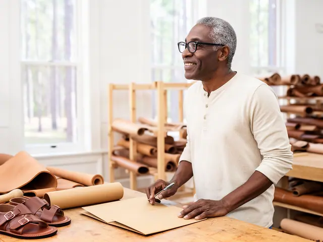A man with short gray hair and black-framed glasses at a work table with a closed folder in a small leather-sandal workshop.